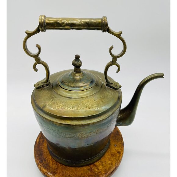 Antique Brass Teapot With Ornate Handle & Spout On Wooden Base Early 20th Centur - Picture 3 of 8